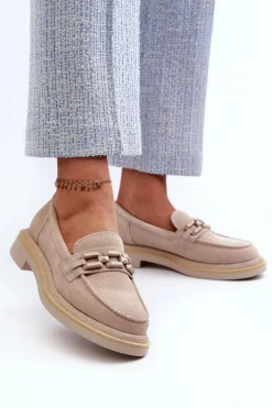 Mokasyny Damskie Zamszowe Na Płaskim Obcasie Z Ozdobą D&A TW101 Beżowe