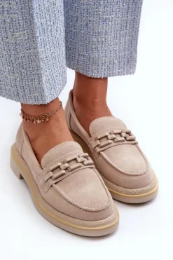 Mokasyny Damskie Zamszowe Na Płaskim Obcasie Z Ozdobą D&A TW101 Beżowe