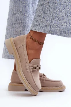 Mokasyny Damskie Zamszowe Na Płaskim Obcasie Z Ozdobą D&A TW101 Beżowe