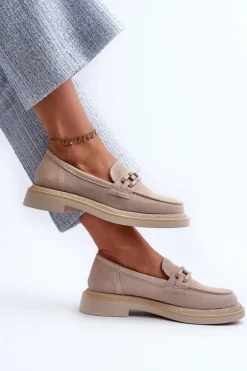 Mokasyny Damskie Zamszowe Na Płaskim Obcasie Z Ozdobą D&A TW101 Beżowe