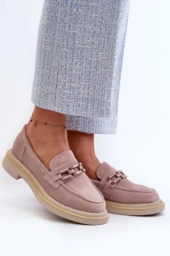 Mokasyny Damskie Zamszowe Na Płaskim Obcasie Z Ozdobą D&A TW101 Brudny Róż