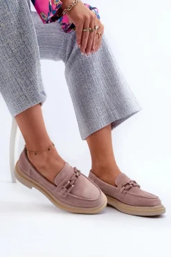 Mokasyny Damskie Zamszowe Na Płaskim Obcasie Z Ozdobą D&A TW101 Brudny Róż