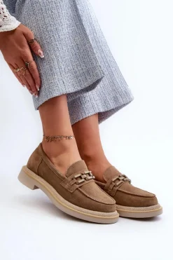 Mokasyny Damskie Zamszowe Na Płaskim Obcasie Z Ozdobą D&A TW101 Brązowe