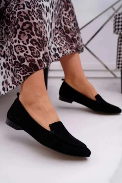 Mokasyny Damskie Zamszowe Skóra Loafery Czarne Homny