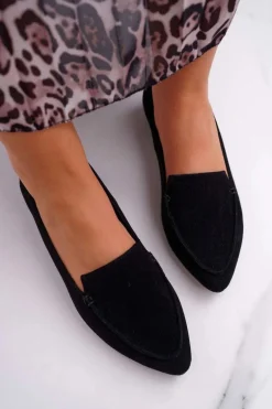 Mokasyny Damskie Zamszowe Skóra Loafery Czarne Homny