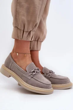 Mokasyny Damskie Zamszowe Na Płaskim Obcasie Z Ozdobą D&A TW101 Szare