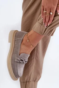 Mokasyny Damskie Zamszowe Na Płaskim Obcasie Z Ozdobą D&A TW101 Szare