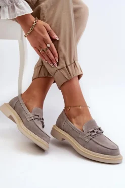 Mokasyny Damskie Zamszowe Na Płaskim Obcasie Z Ozdobą D&A TW101 Szare