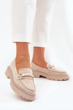 Mokasyny Damskie Zdobione Cyrkoniami Beżowe Patina