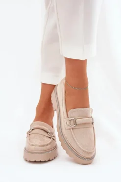 Mokasyny Damskie Zdobione Cyrkoniami Beżowe Patina
