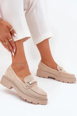 Mokasyny Damskie Zdobione Cyrkoniami Beżowe Patina