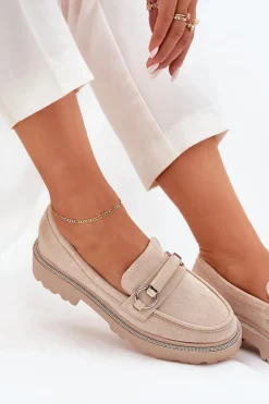 Mokasyny Damskie Zdobione Cyrkoniami Beżowe Patina