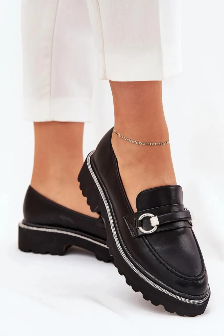 Mokasyny Damskie Zdobione Cyrkoniami Czarne Patina