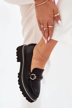 Mokasyny Damskie Zdobione Cyrkoniami Czarne Patina