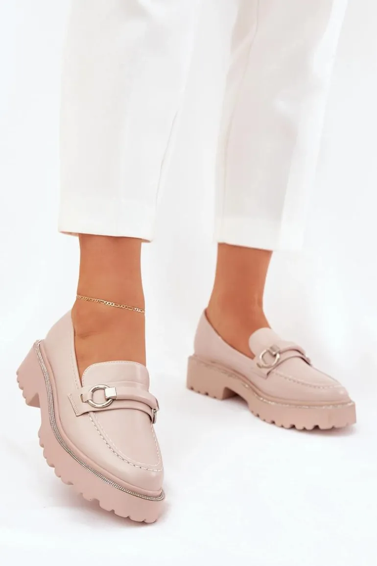 Mokasyny Damskie Zdobione Cyrkoniami Beżowe Patina