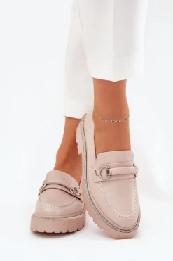 Mokasyny Damskie Zdobione Cyrkoniami Beżowe Patina