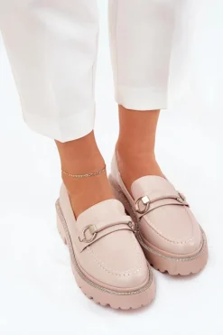 Mokasyny Damskie Zdobione Cyrkoniami Beżowe Patina