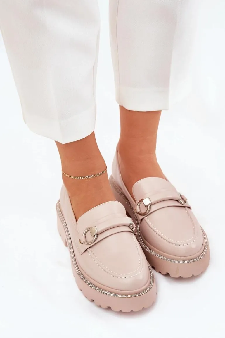 Mokasyny Damskie Zdobione Cyrkoniami Beżowe Patina