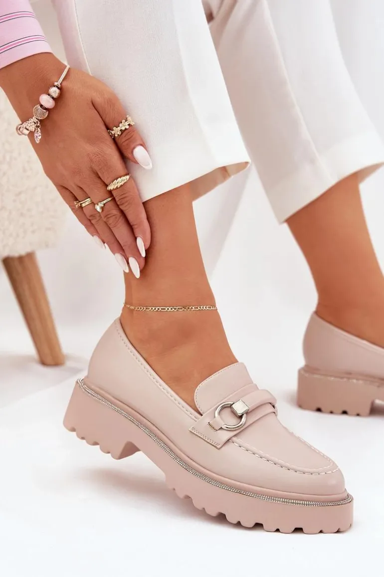 Mokasyny Damskie Zdobione Cyrkoniami Beżowe Patina