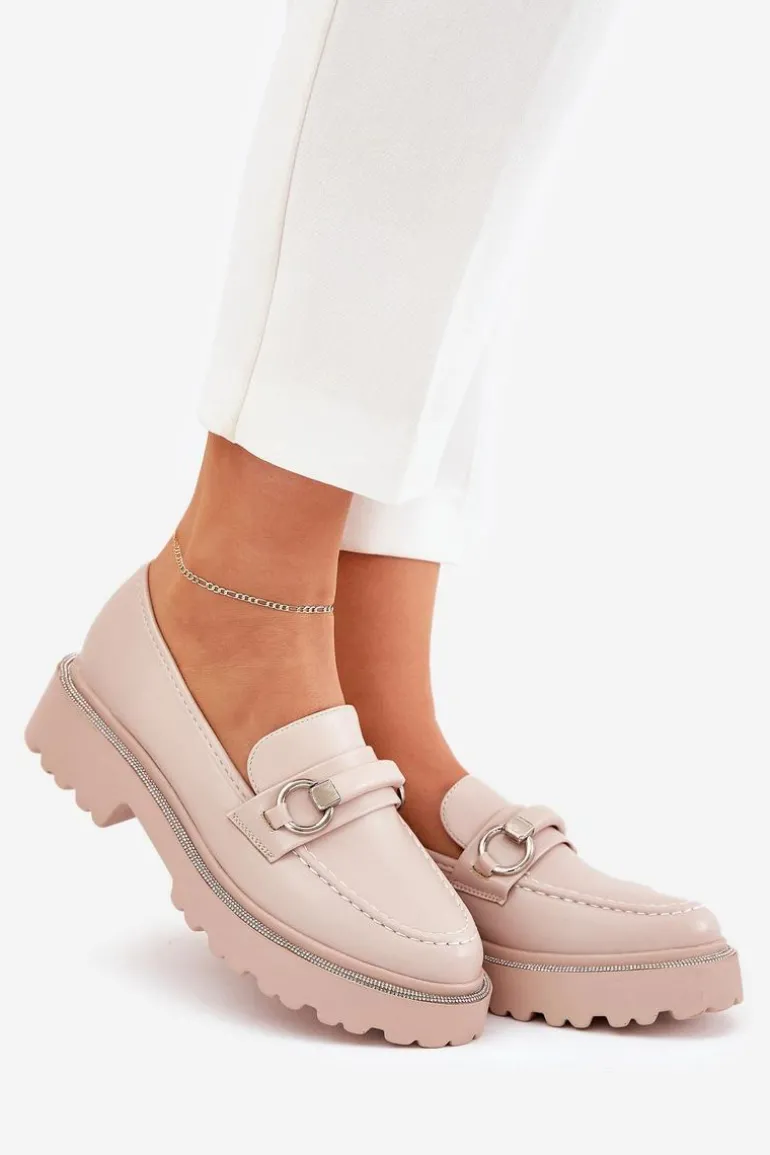 Mokasyny Damskie Zdobione Cyrkoniami Beżowe Patina