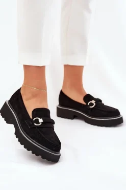 Mokasyny Damskie Zdobione Cyrkoniami Czarne Patina