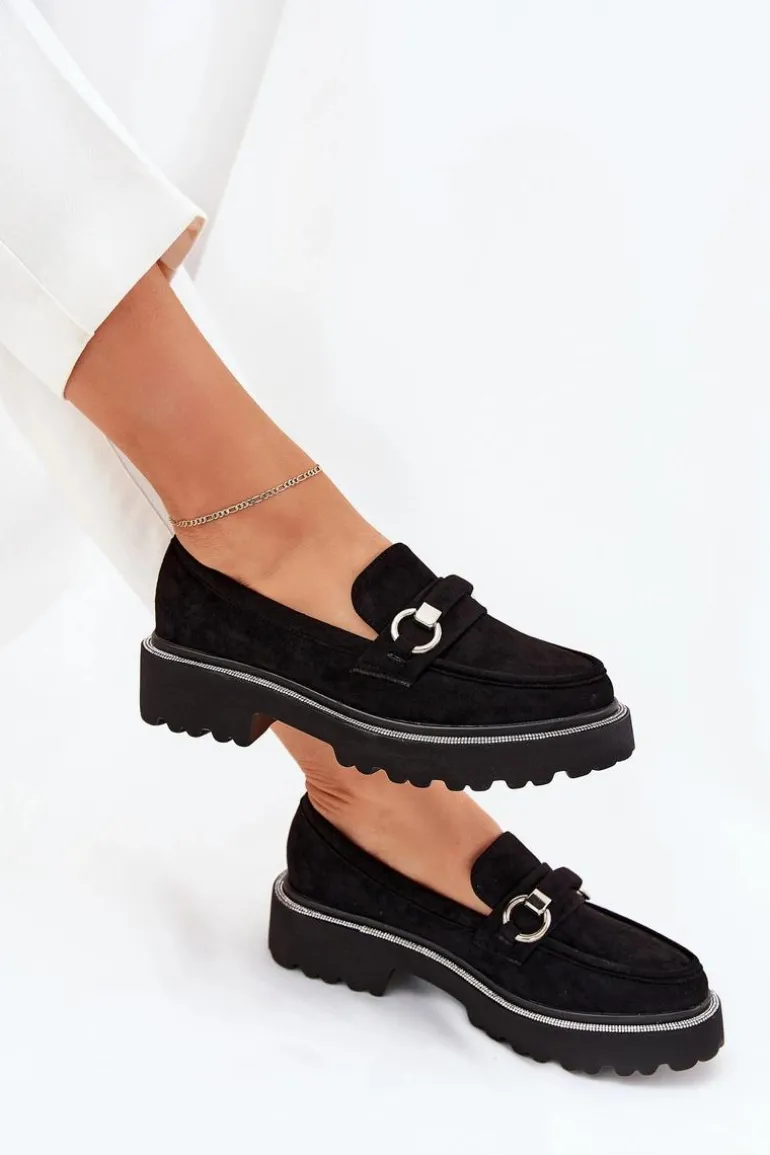 Mokasyny Damskie Zdobione Cyrkoniami Czarne Patina