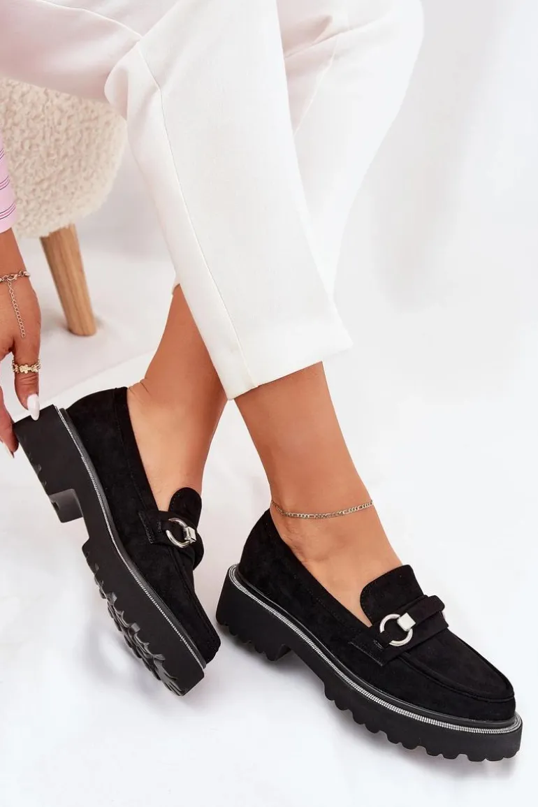 Mokasyny Damskie Zdobione Cyrkoniami Czarne Patina