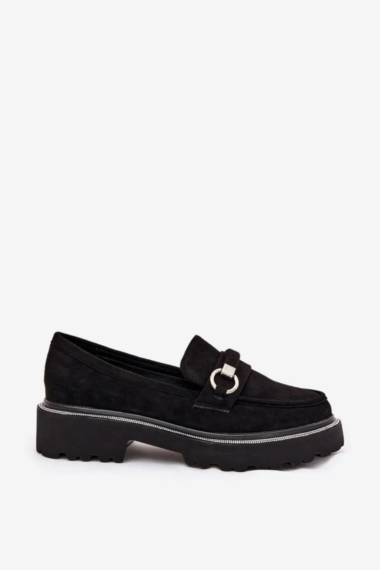 Mokasyny Damskie Zdobione Cyrkoniami Czarne Patina