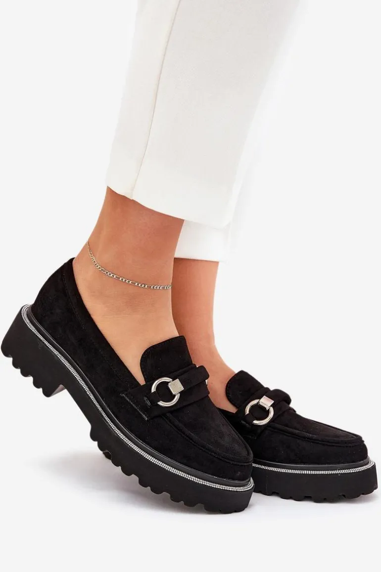 Mokasyny Damskie Zdobione Cyrkoniami Czarne Patina