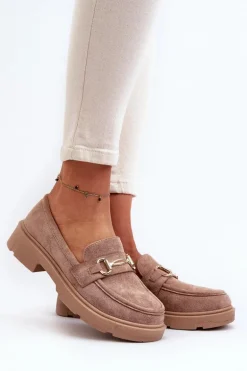 Mokasyny Damskie Ze Złotą Ozdobą Eko Zamszowe Brązowe Lighas