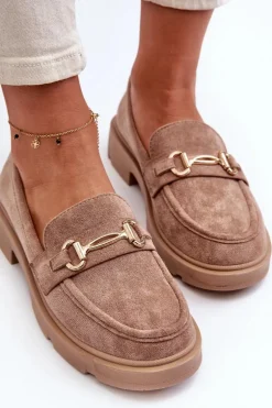 Mokasyny Damskie Ze Złotą Ozdobą Eko Zamszowe Brązowe Lighas