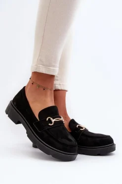 Mokasyny Damskie Ze Złotą Ozdobą Eko Zamszowe Czarne Lighas