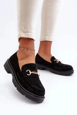 Mokasyny Damskie Ze Złotą Ozdobą Eko Zamszowe Czarne Lighas