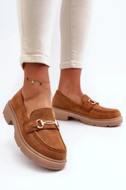 Mokasyny Damskie Ze Złotą Ozdobą Eko Zamszowe Camel Lighas