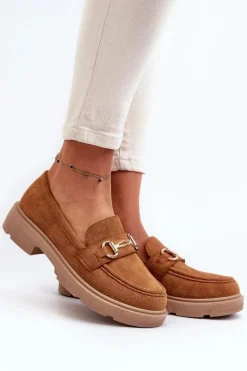 Mokasyny Damskie Ze Złotą Ozdobą Eko Zamszowe Camel Lighas