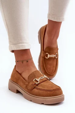 Mokasyny Damskie Ze Złotą Ozdobą Eko Zamszowe Camel Lighas