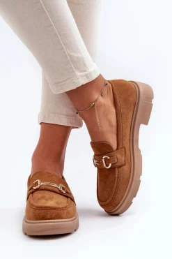 Mokasyny Damskie Ze Złotą Ozdobą Eko Zamszowe Camel Lighas