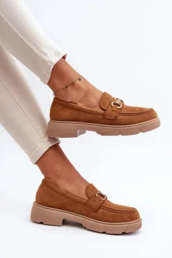 Mokasyny Damskie Ze Złotą Ozdobą Eko Zamszowe Camel Lighas