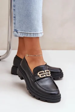 Mokasyny Damskie Ze Złotym Detalem Czarne Trionna
