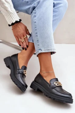 Mokasyny Damskie Ze Złotym Detalem Czarne Trionna