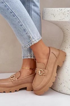 Mokasyny Damskie Ze Złotym Detalem Beżowe Ferietta