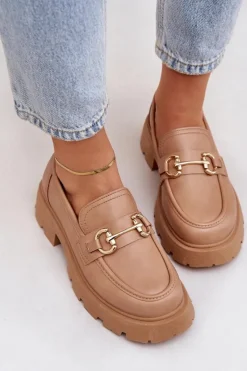 Mokasyny Damskie Ze Złotym Detalem Beżowe Ferietta