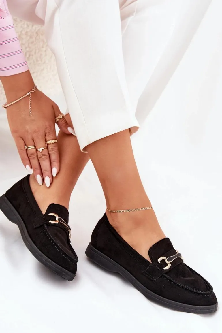 Mokasyny Damskie Ze Złotym Detalem Czarne Labirae
