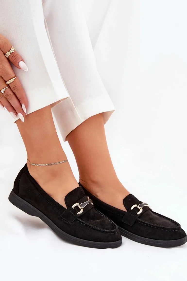 Mokasyny Damskie Ze Złotym Detalem Czarne Labirae