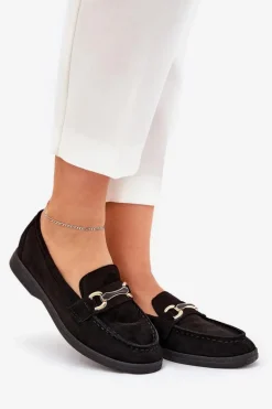 Mokasyny Damskie Ze Złotym Detalem Czarne Labirae