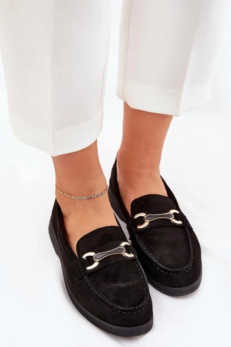 Mokasyny Damskie Ze Złotym Detalem Czarne Labirae