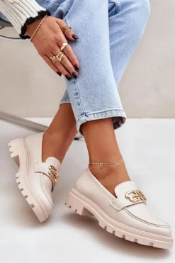 Mokasyny Damskie Ze Złotym Detalem Beżowe Trionna