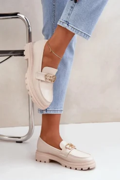 Mokasyny Damskie Ze Złotym Detalem Beżowe Trionna