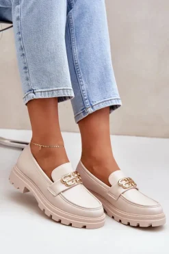 Mokasyny Damskie Ze Złotym Detalem Beżowe Trionna
