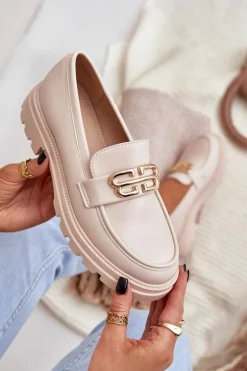 Mokasyny Damskie Ze Złotym Detalem Beżowe Trionna